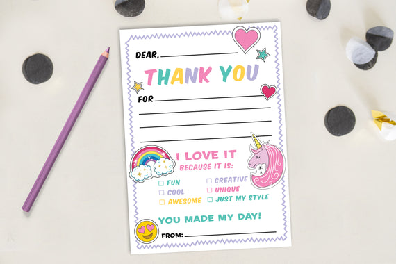 Rainbow and Unicorn Thank You Note