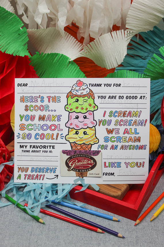 Ice Cream Teacher Appreciation Coloring Page and Gift Card Holder