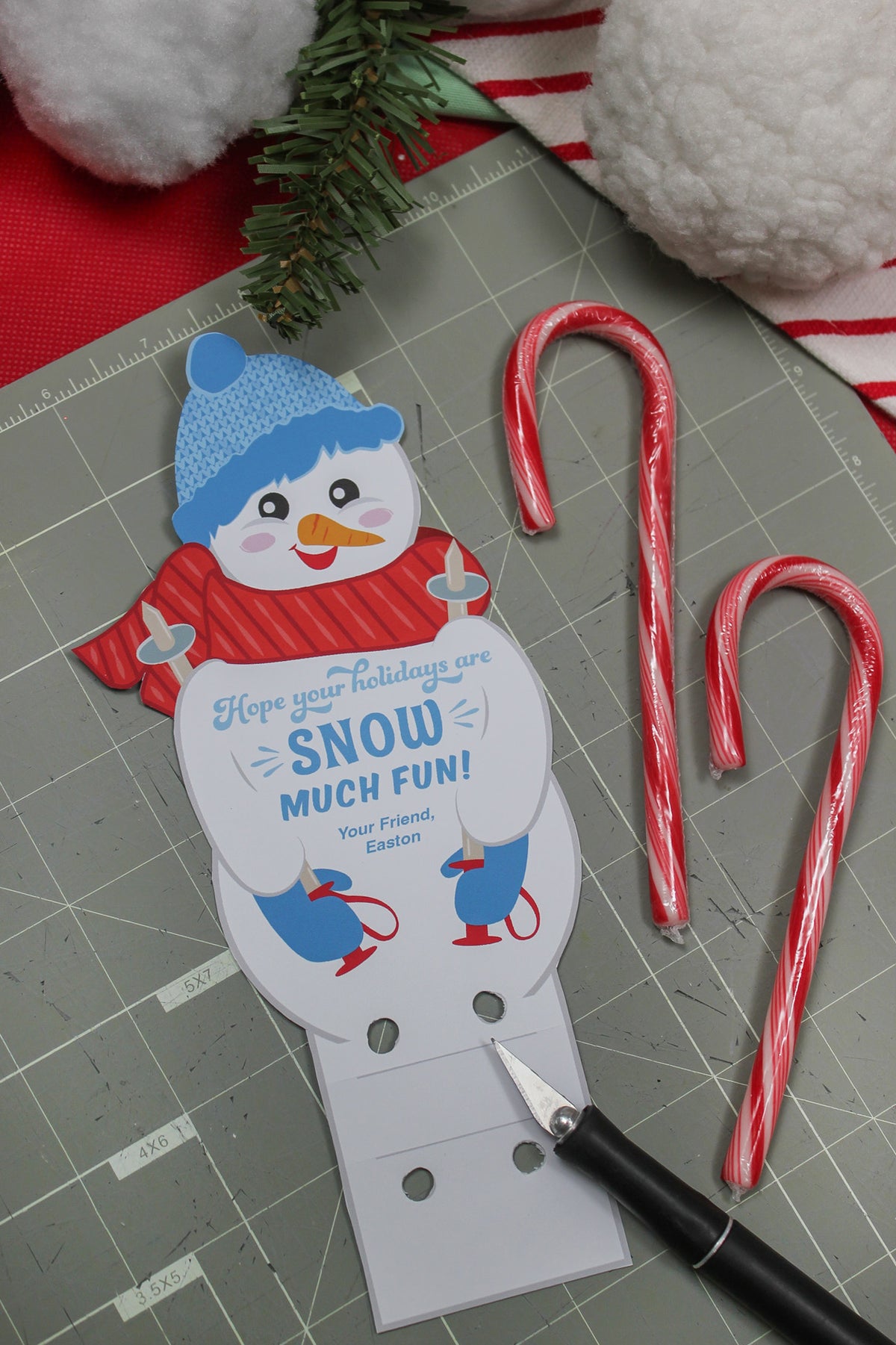 Skiing Snowmen Candy Cane Christmas Treats
