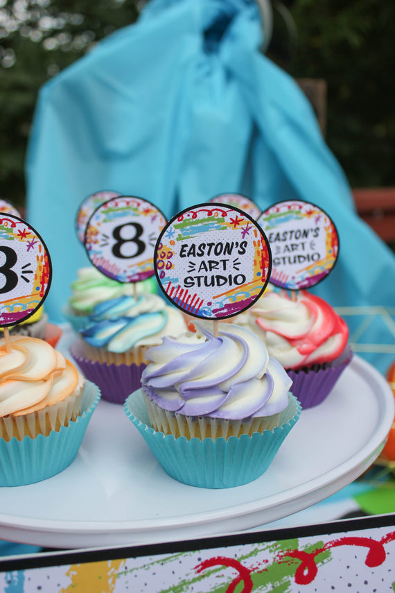 Art Birthday Party Cupcake Toppers and Circle Labels