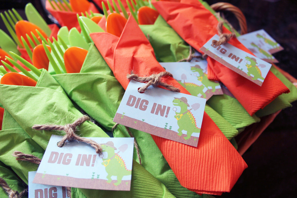 Dinosaur Party Thank You Tags and “Dig In” Silverware Tags