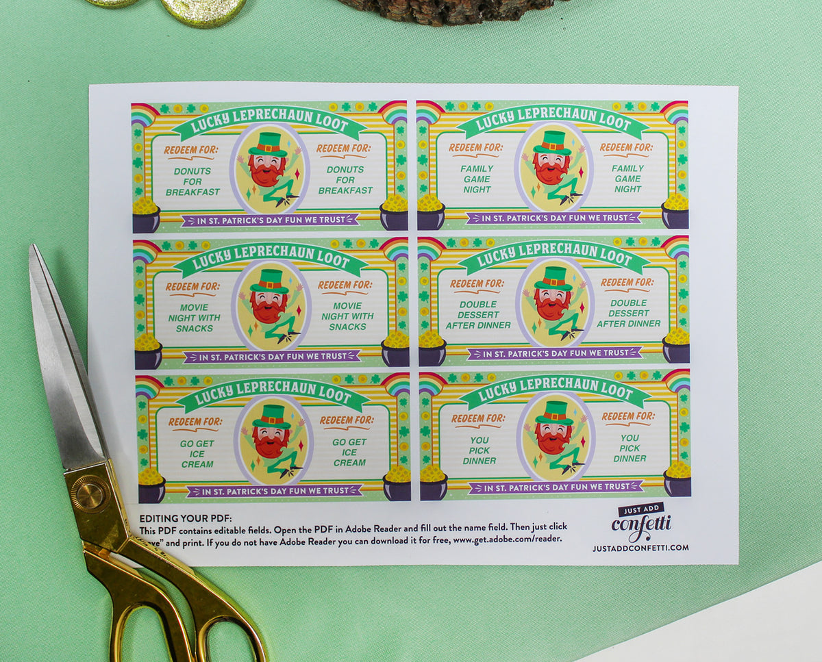 St. Patrick's Day Play Money Reward Coupons