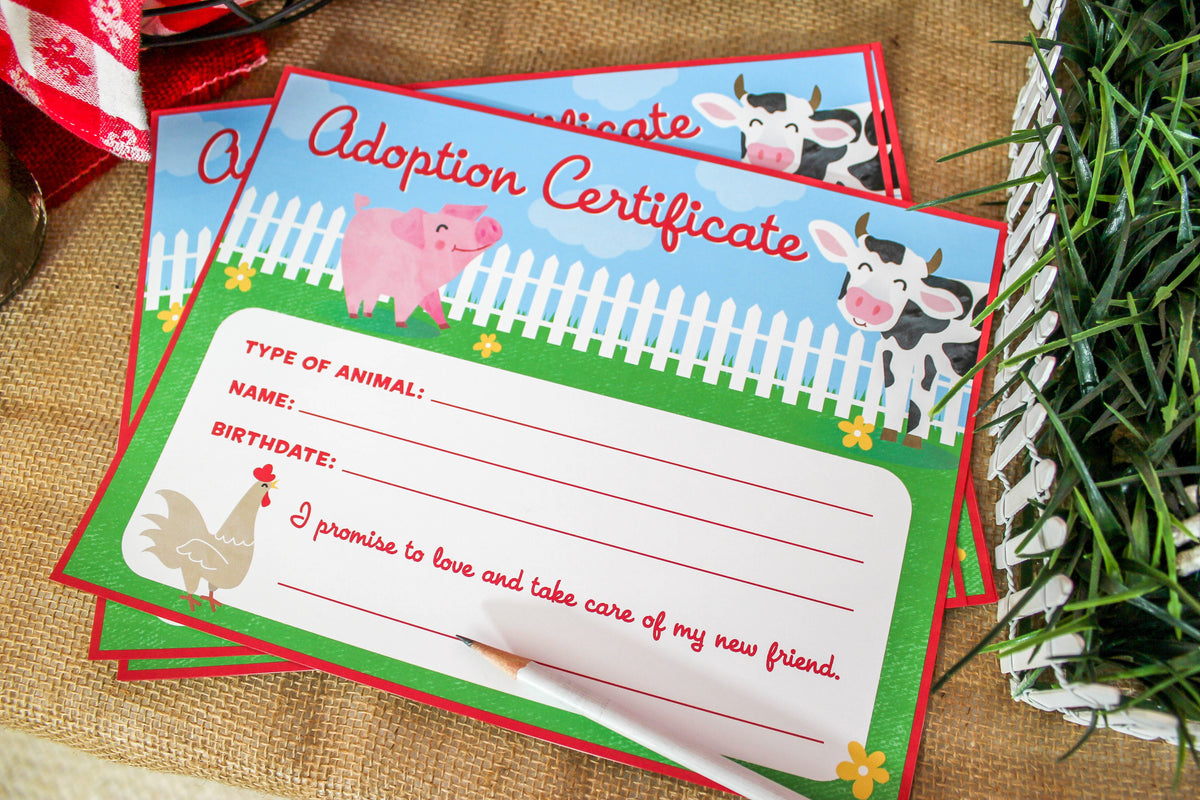 Farm Party Animal Adoption Sign and Certificate