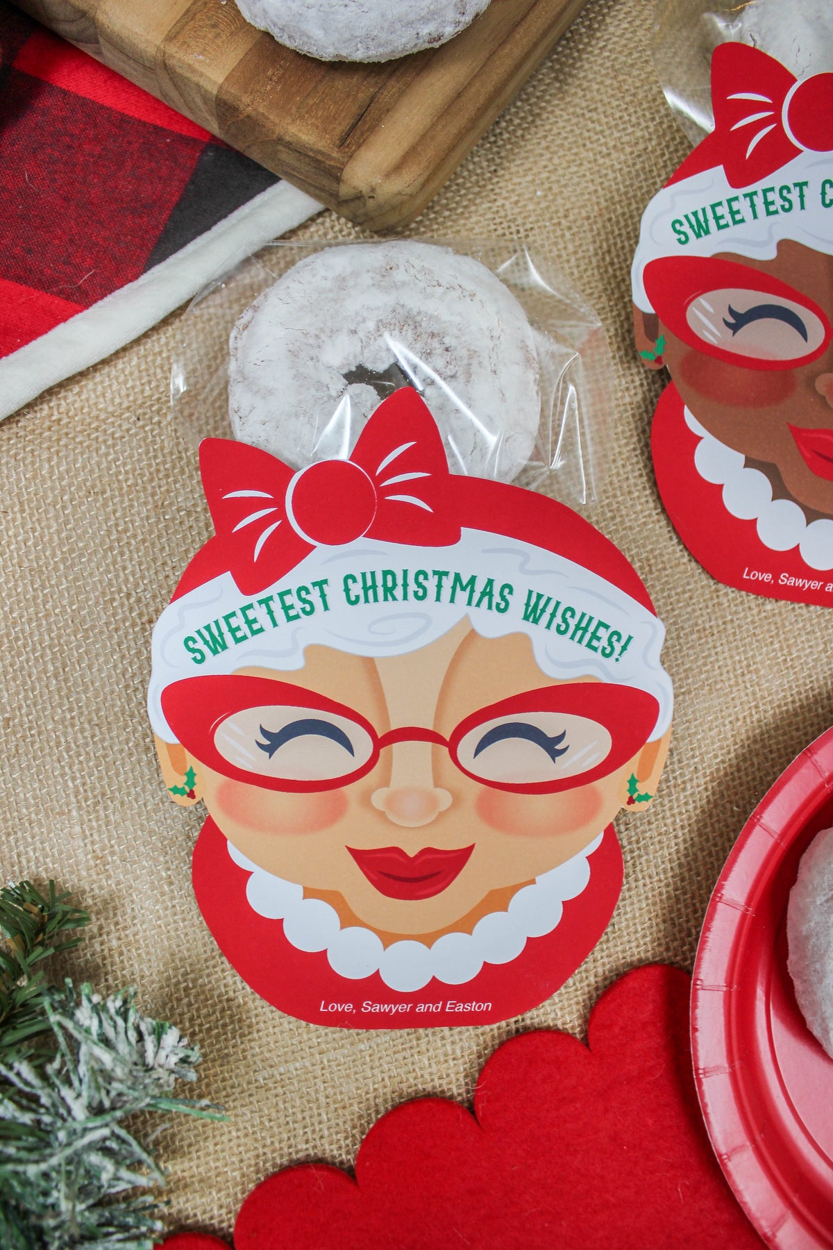 Mrs. Claus with Powdered Donut Hair