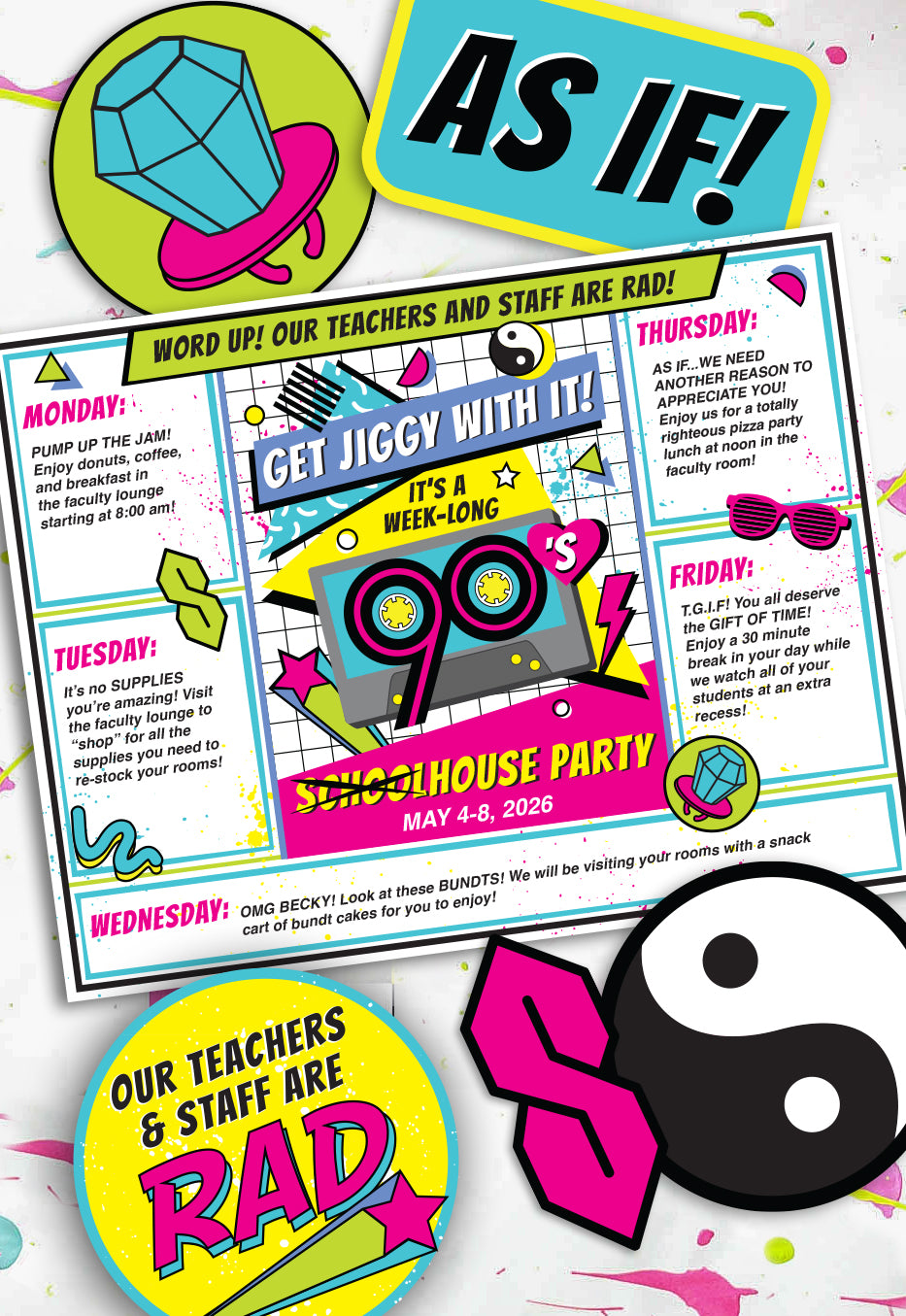 90s Theme Teacher Appreciation Week Decor Pack