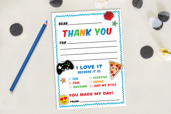 Video Game and Pizza Thank You Note