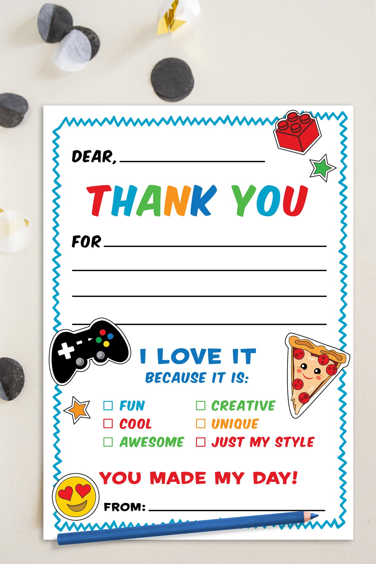 Video Game and Pizza Thank You Note